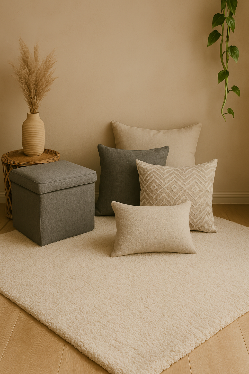 Aménagement intérieur cosy avec coussins et décorations modernes sur tapis beige.