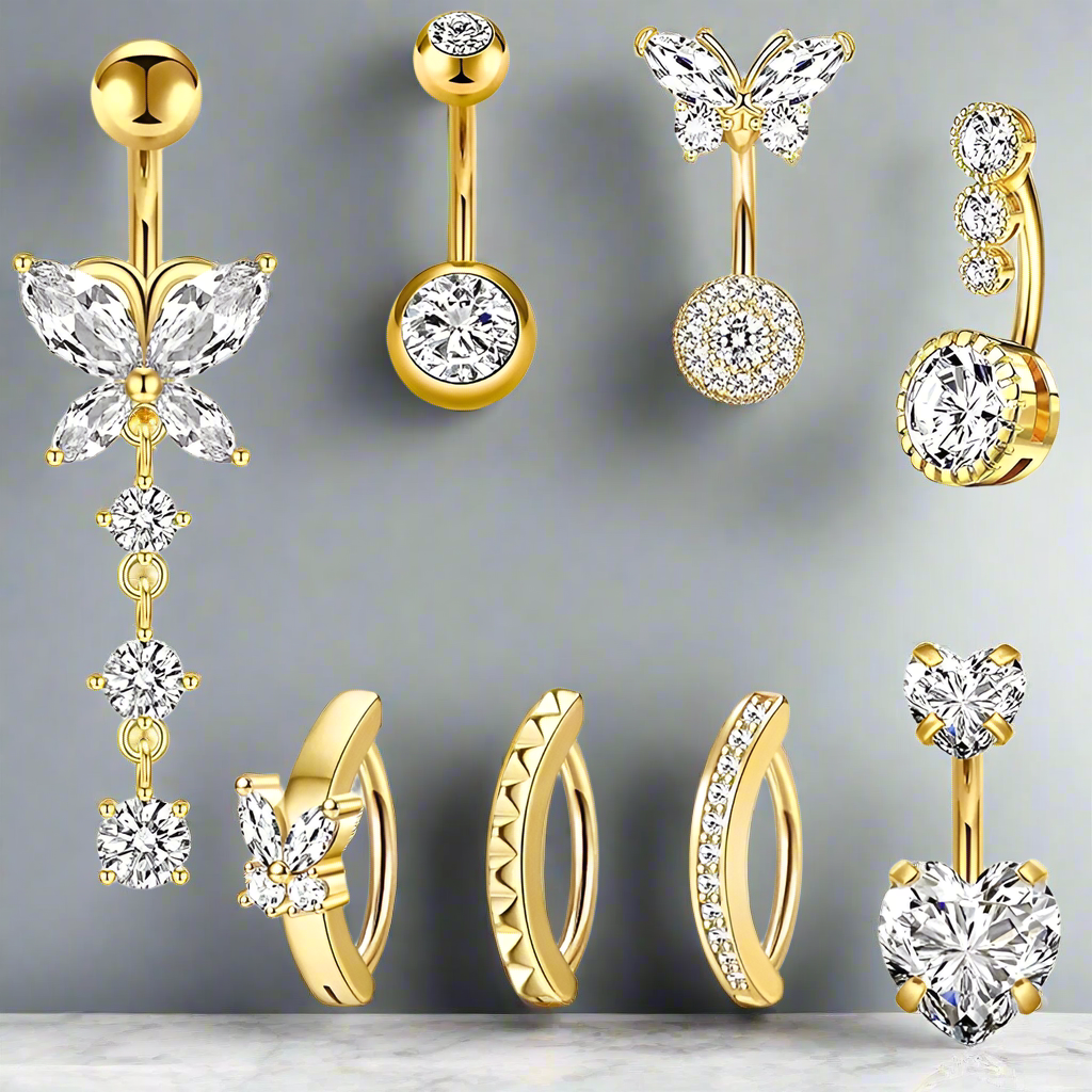 Lot de piercings nombril en acier chirurgical 1,6mm, élégants, noirs et dorés, 6 à 8 pièces.