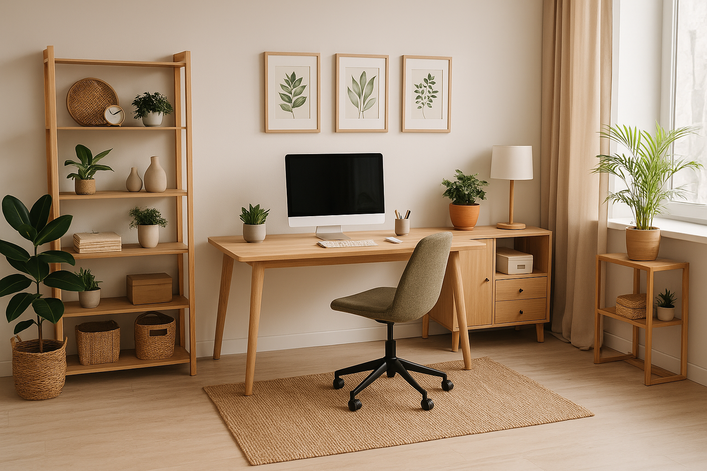 Aménagement intérieur moderne et fonctionnel avec bureau en bois et plantes.
