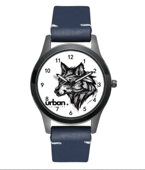 Montre urbaine Urban Xpression avec motif loup sur cadran, bracelet en cuir bleu.