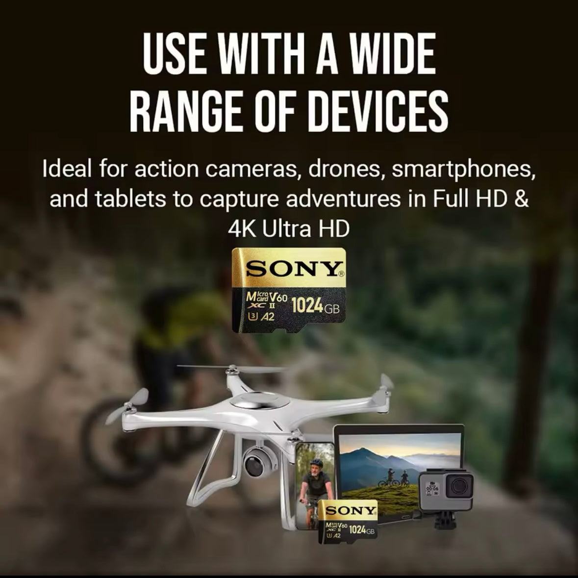 Carte micro SD Sony 1To U3 A2 V60 pour appareils photo et mobiles, stockage haute capacité et transfert rapide.