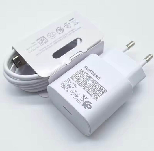 Samsung USB C fast charger 25W in white with cable for efficient charging.
