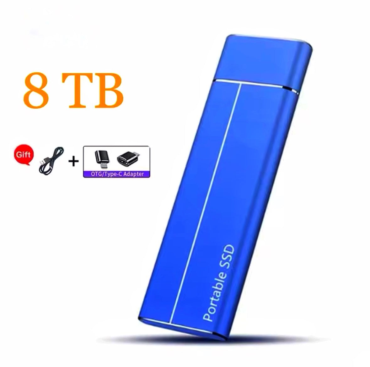 Disque SSD externe 8To bleu avec adaptateur OTG et câble inclus, idéal pour un stockage rapide et fiable.