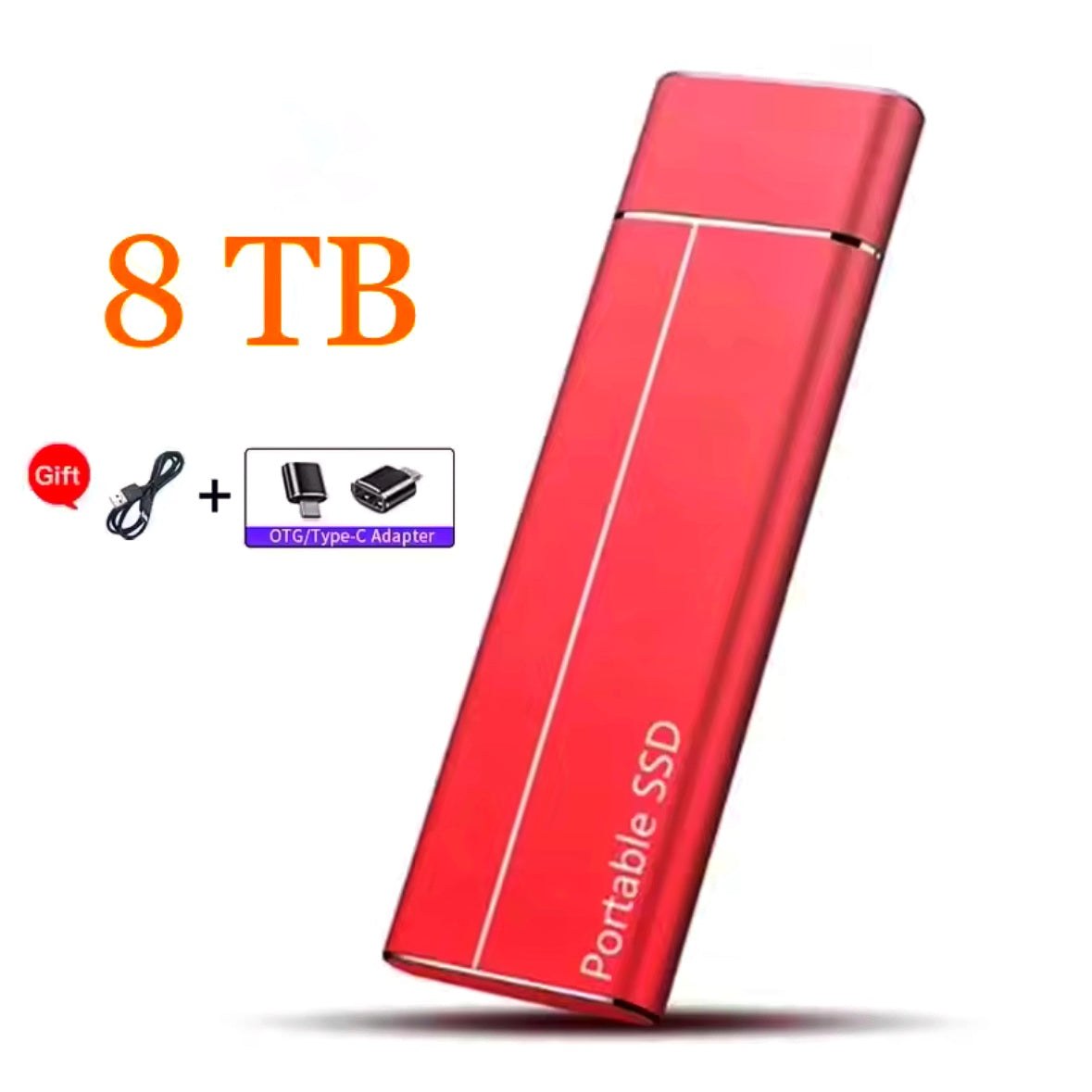 Disque SSD externe 8To rouge, stockage rapide et compatible, taille 100x32x9 mm.