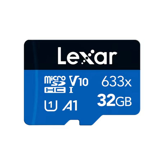 Lexar 32GB Micro-SDHC card with adapter, 633x speed, V10 A1, ideal for HD videos and apps, enhances device storage performance.