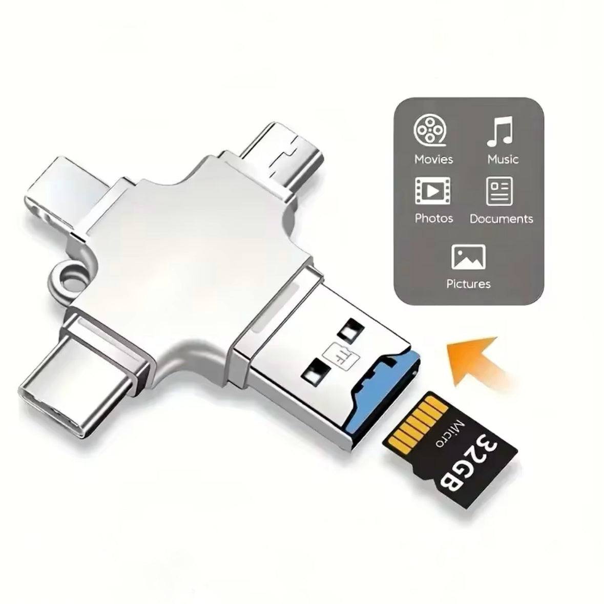 4 en 1 micro SD card reader compatible with iPhone Lightning, Type C, Micro USB; supports FAT32 and exFAT.