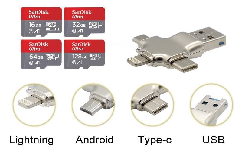 Lecteur de carte micro SD 4 en 1 compatible FAT32 et exFAT, connecteurs Lightning, USB-C, Micro USB et USB.