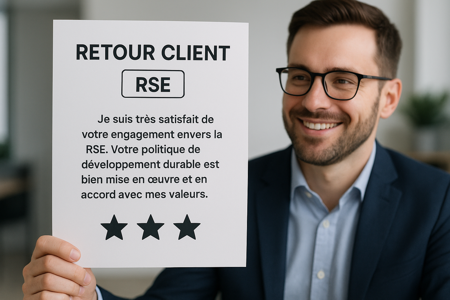 Homme souriant tenant un panneau "Retour Client RSE" avec satisfaction exprimée.