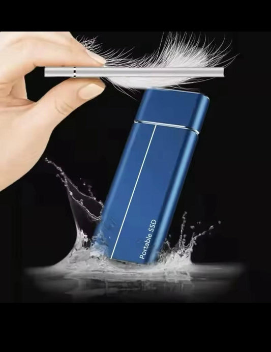 External 8TB SSD drive, compact and lightweight design, fast transfer speed, blue color.